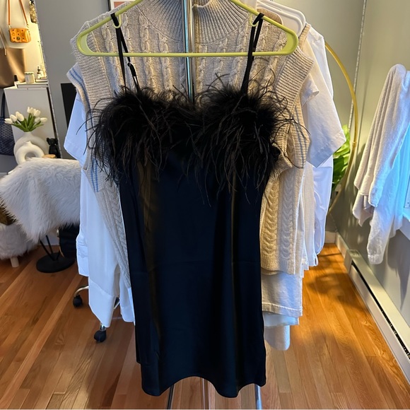 NWT Charo Ruiz Black Mini Dress w/ Ostich Feather Trim Sz L - Picture 3 of 8